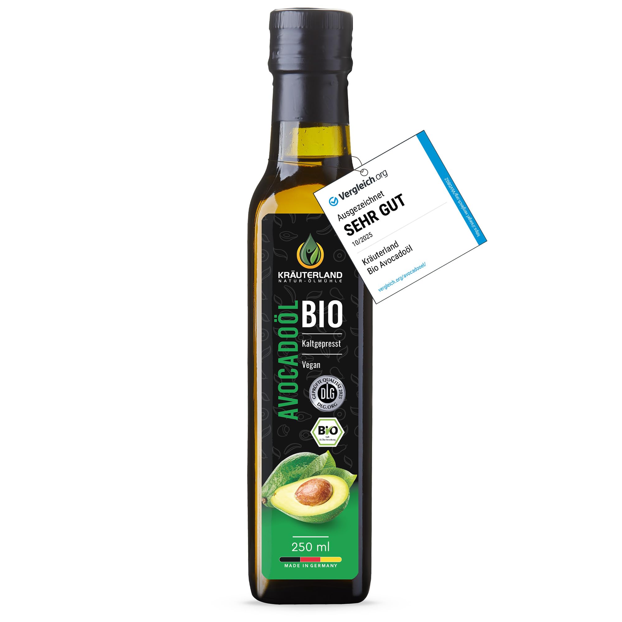 Kräuterland Bio Avocadoöl 250ml, Kaltgepresst, naturrein ohne Zusatzstoffe, Vegan & GVO-frei, geeignet für Haut & Haare, Premium Qualität