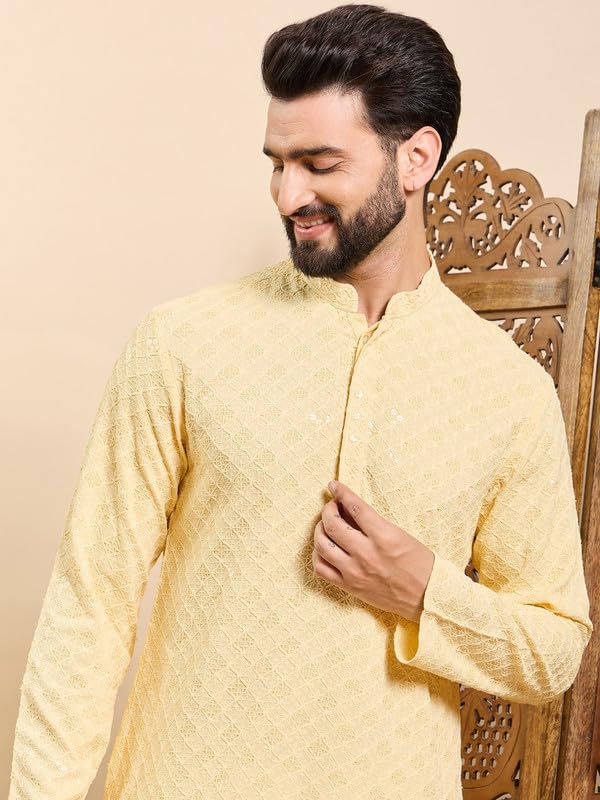 Image of Vaamsi Ethnic Bay Men's Viscose Rayon Solid Embroidered Long Straight Kurta | Men's Kurta | Embroidered Chikankari Kurta for Men | Straight Fit Kurta for Men