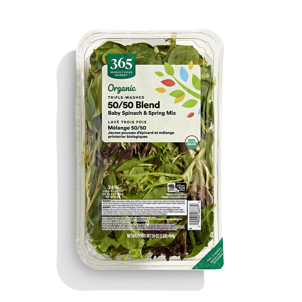 Organic 50/50 Baby Spinach & Spring Mix Blend, 16 oz - 365 by Whole Foods Market, Triple-Washed Fresh Greens