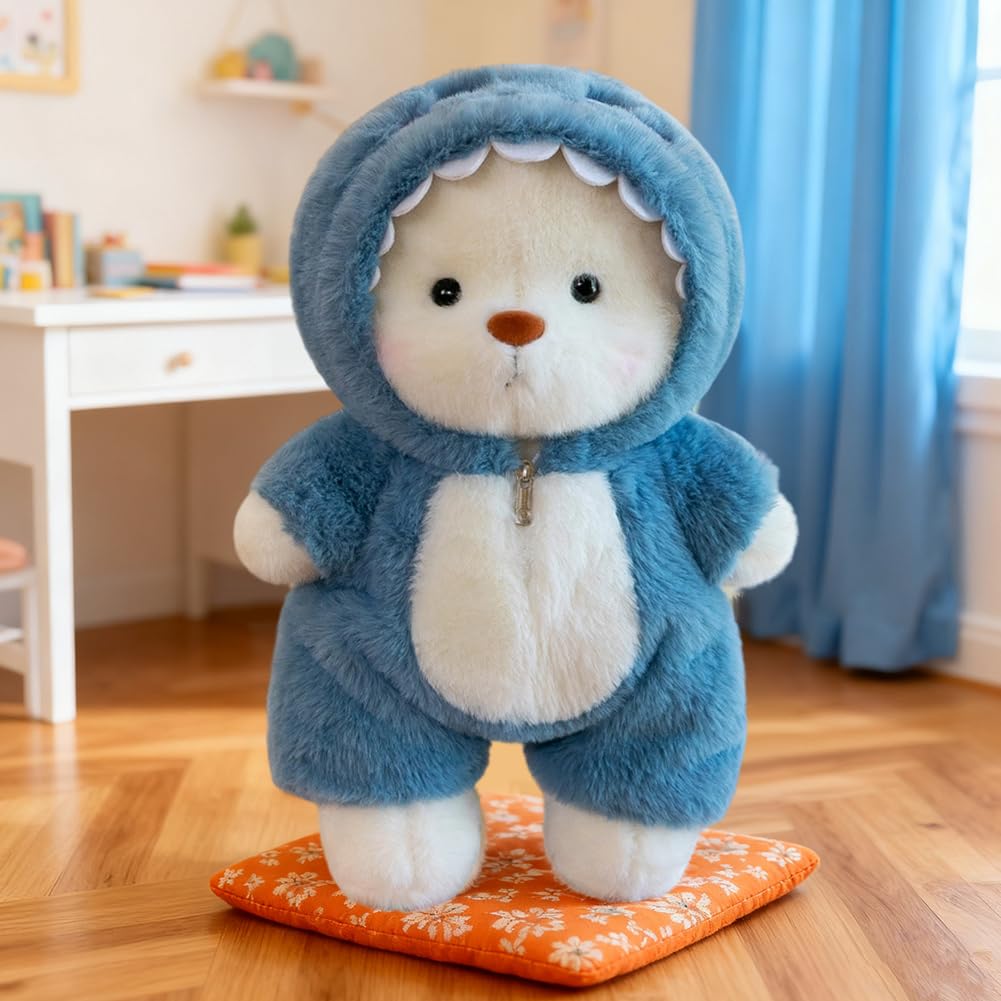 Orsacchiotto di peluche con costume da squalo, orso di peluche di 40 cm, peluche interattivo con costume con cerniera, decorazione per la stanza, regalo per bambini, ragazzi e ragazze, compleanno (Blu