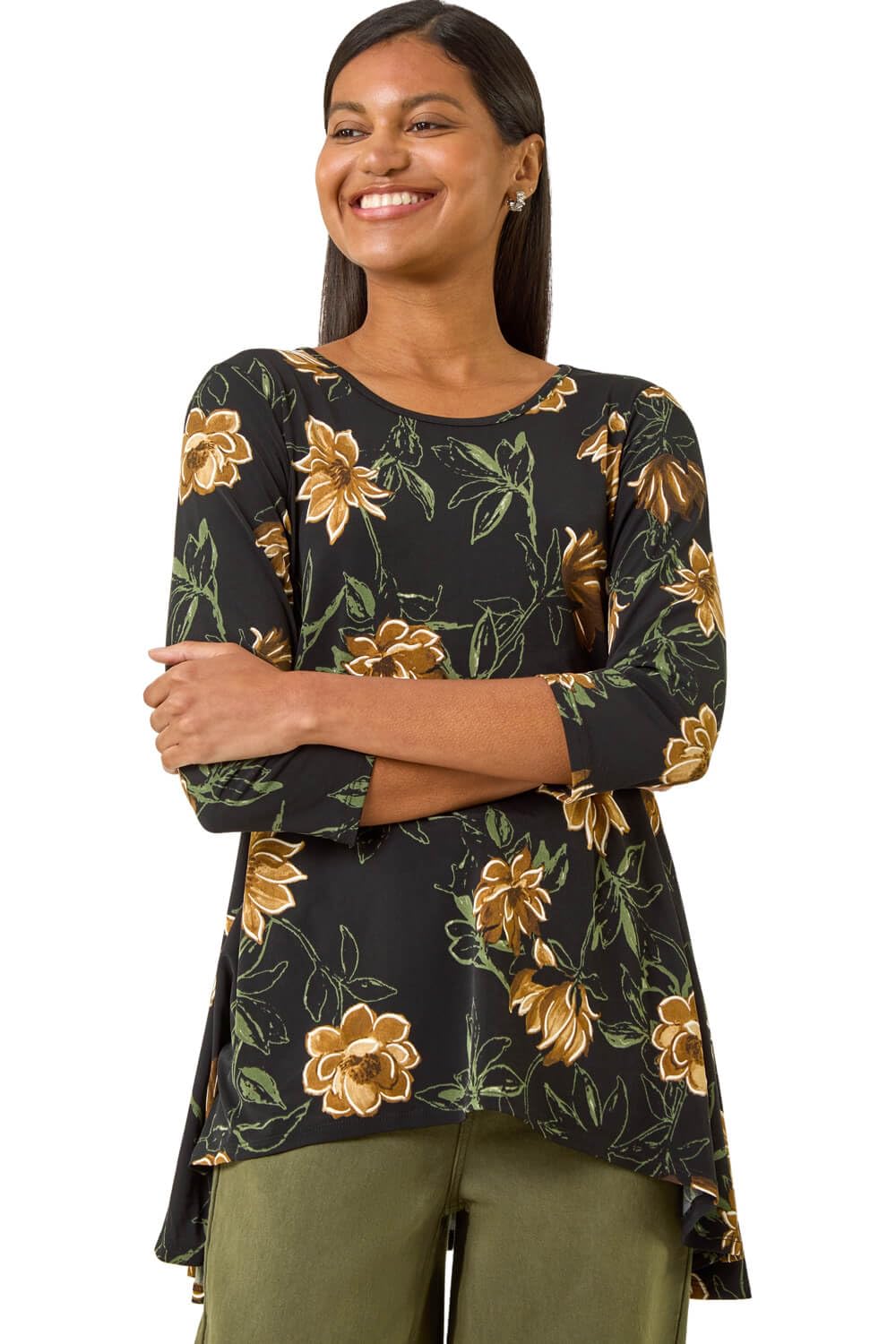 Roman Originals Women's Yellow Noir Hanky Hem Tunic Top For Uk - Longline Blouse Asymmetric Hemline Casual Slouch Loose 3/4 Sleeves Round Neck Relaxed Comfortable Holiday - Size 10
