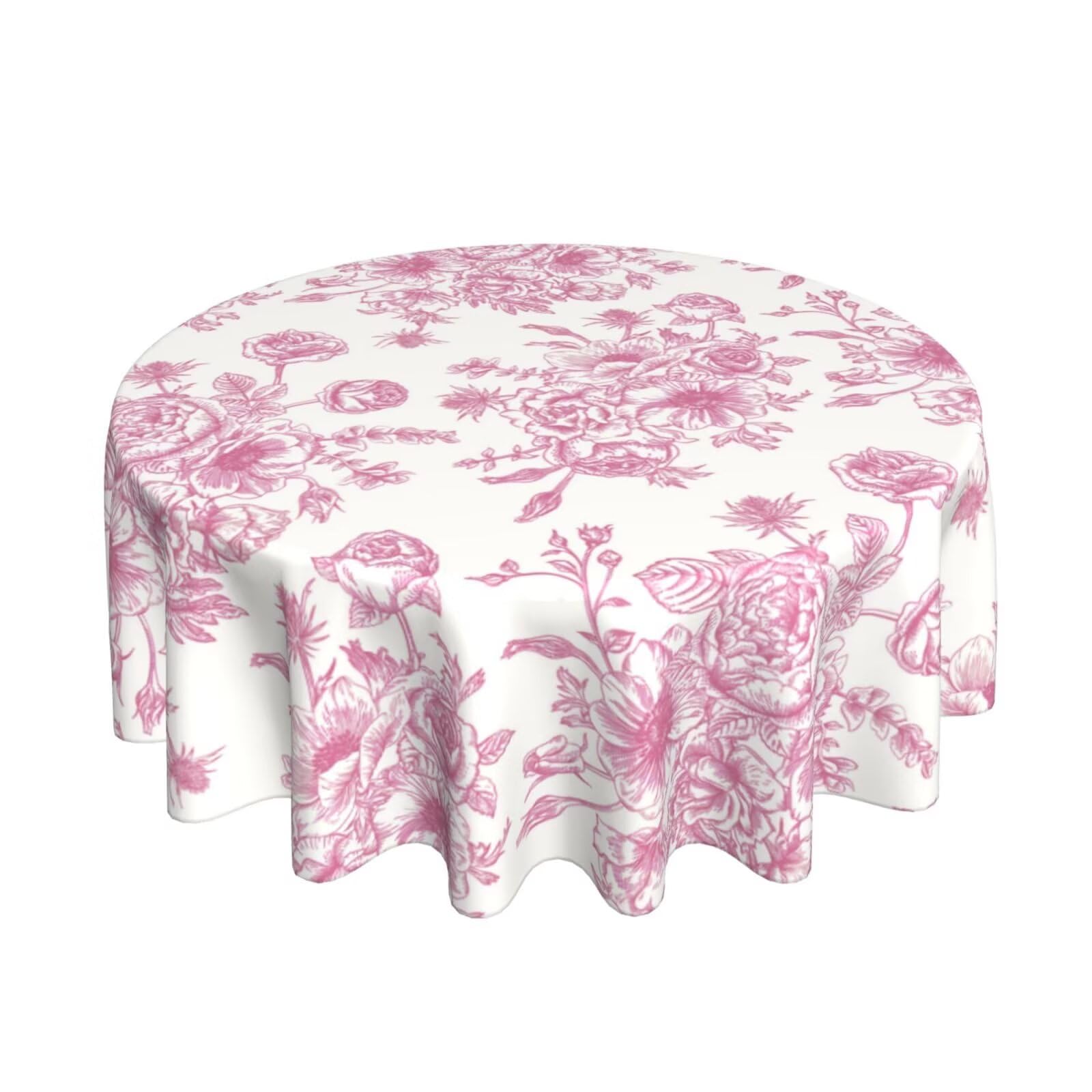 Sorktse Pink Floral Tablecloth Round 70 Inch Pink Chinoiserie Table Cloth Polyester Fabric Vintage Spring Summer Flowers Farmhouse Table Cover for