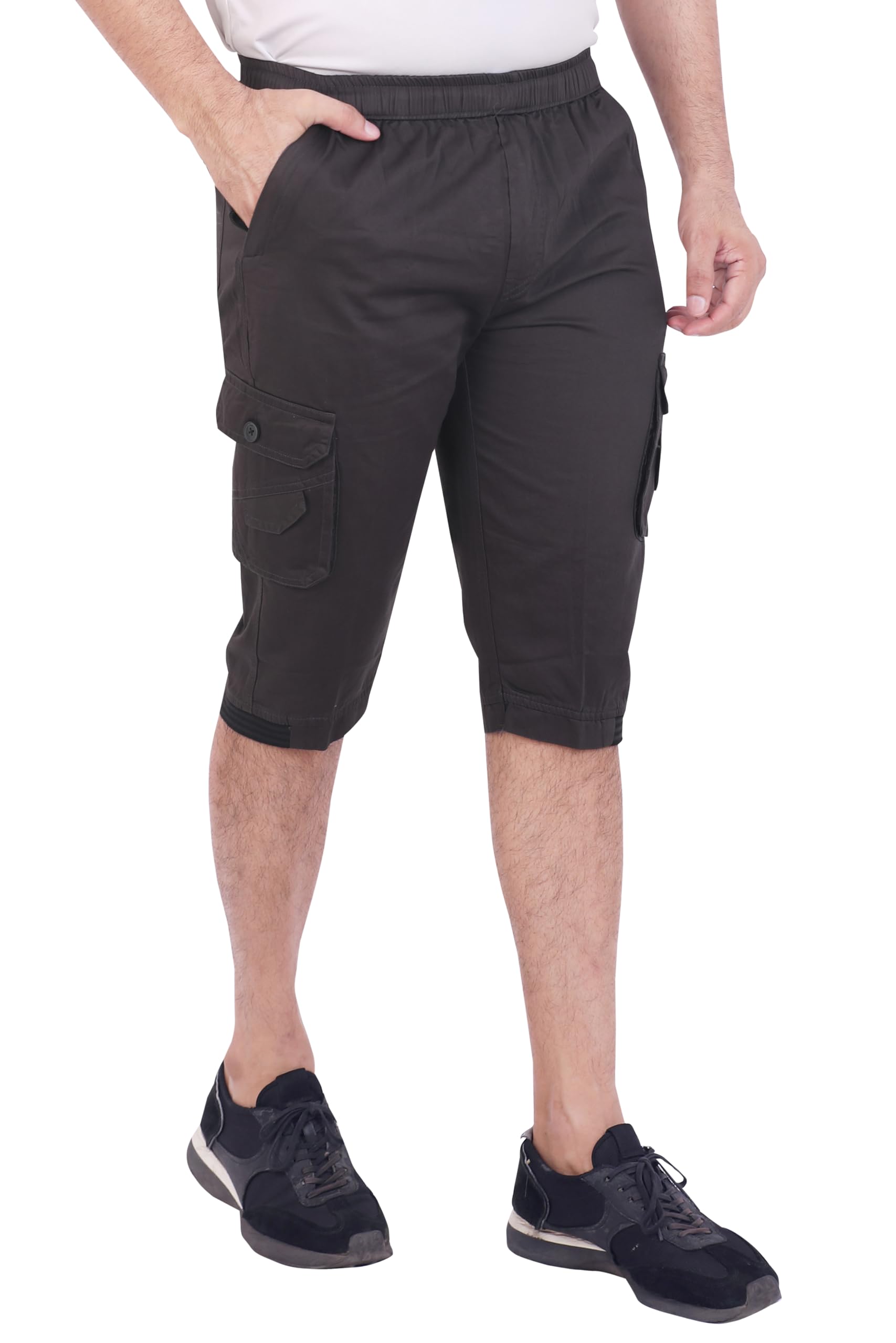 Men Cotton Regular Fit Solid Knee Length Short, 2 Zipper Pocket, 4 Button Pockets, Versatile ¾ Half Pants-image-28