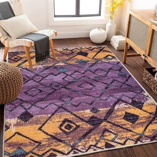 Carpette chambre design géométrique vintage violet et jaune haut de gamme 200x300