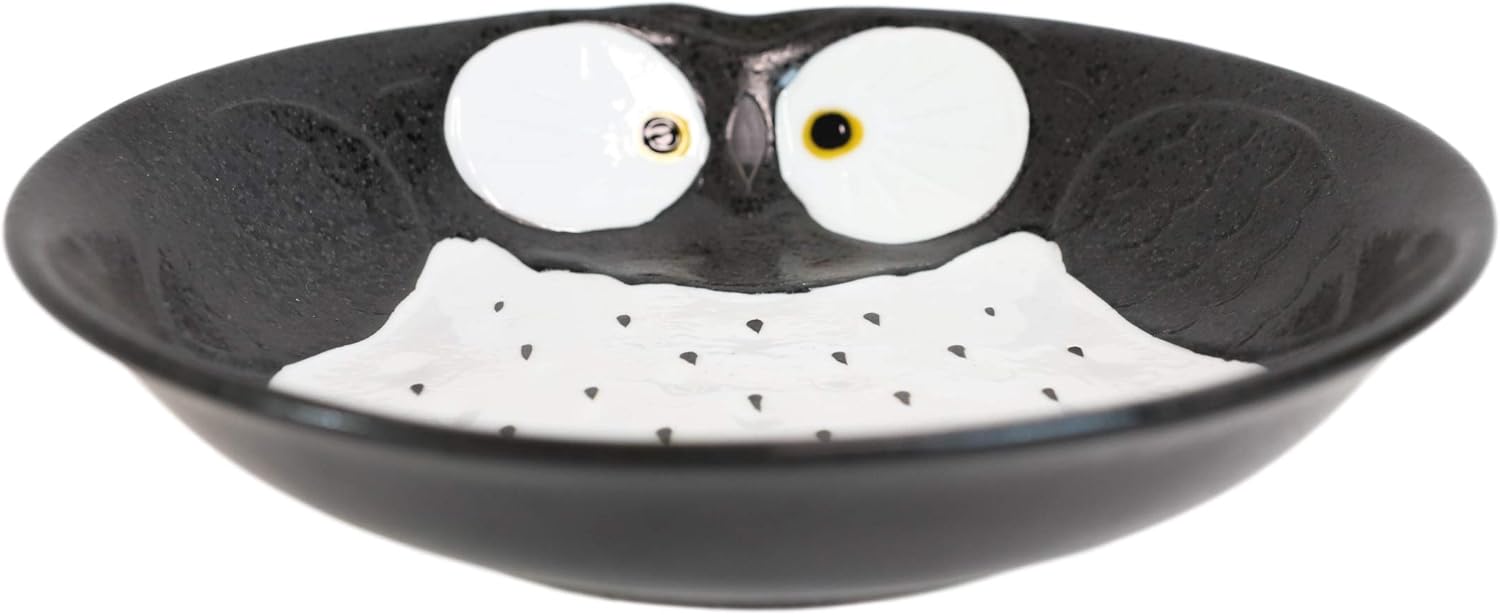 Ebros Pack Of 4 Kitchen Dining Whimsical Owl Porcelain Earthenware Lunch Entree Dessert Salad Round Deep Plates Or Shallow Bowls Dishwasher And Microwave Safe (Black)