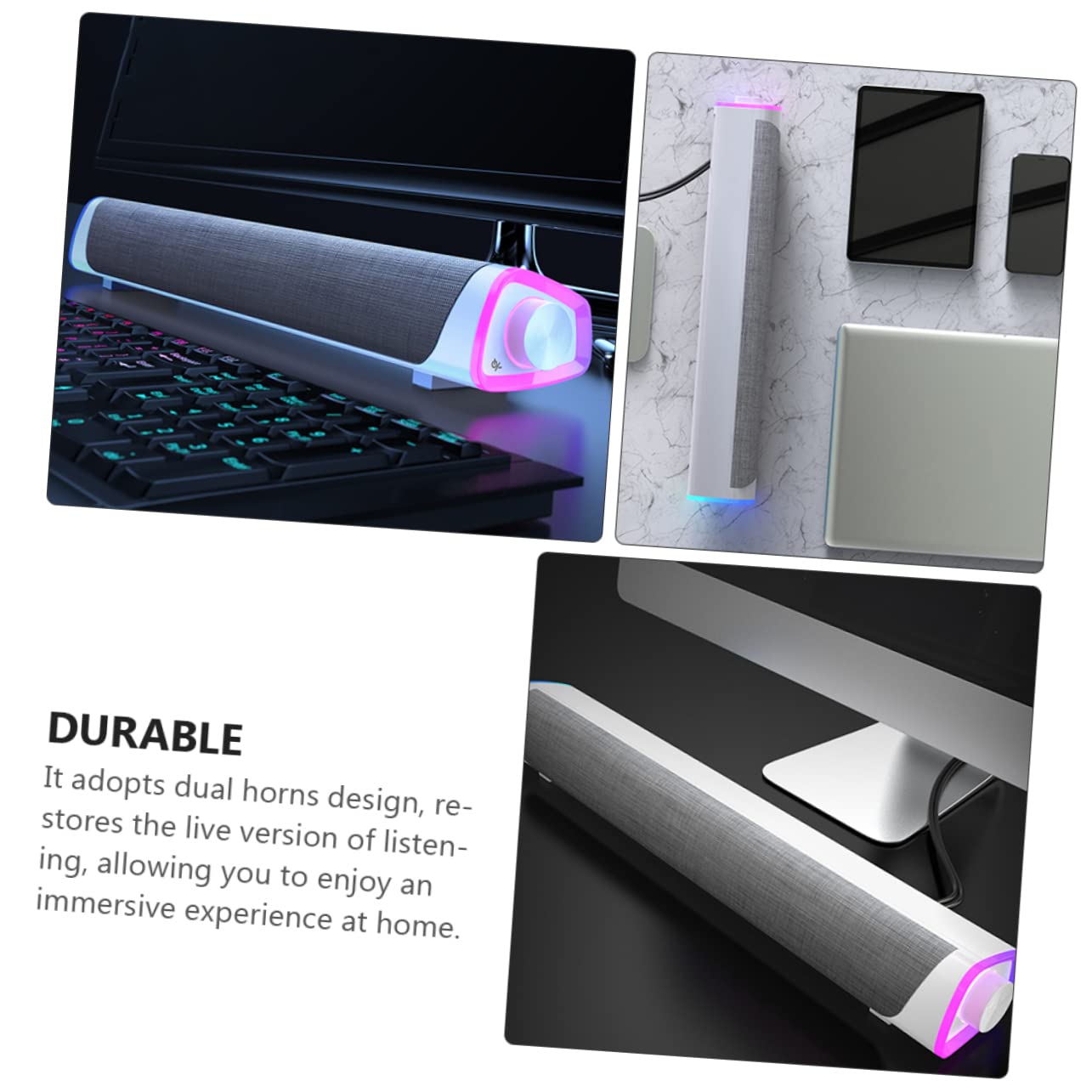 Homoyoyo Barre de Son Prise Jack Barre de Sons PC Stéréo à 2 Haut-parleurs Tissu 6w pour Bureau et Maison Clair et Compact