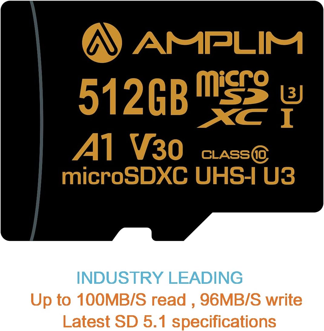 512GB Micro SD Card, Amplim Extreme High Speed MicroSD Memory Plus Adapter, MicroSDXC SDXC U3 Class 10 V30 UHS-I TF Nintendo-Switch, GoPro Hero, Surface, Phone Galaxy, Camera Security Cam, Tablet