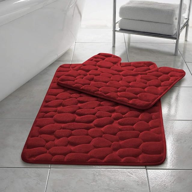 Memory Foam Bath Mat 2 Piece Set Pebbles Non Slip Pedestal and Bath Mat Toilet Bathroom (Red)