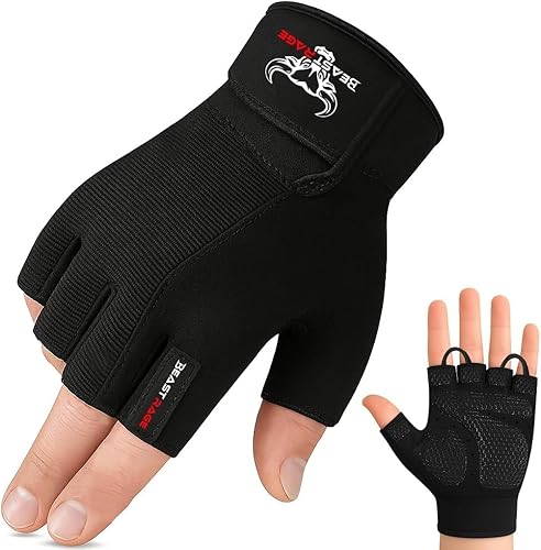 BEAST RAGE Guantes de entrenamiento para hombres, guantes de gimnasio duraderos con agarre de palma para mujeres, medio dedo, elástico,