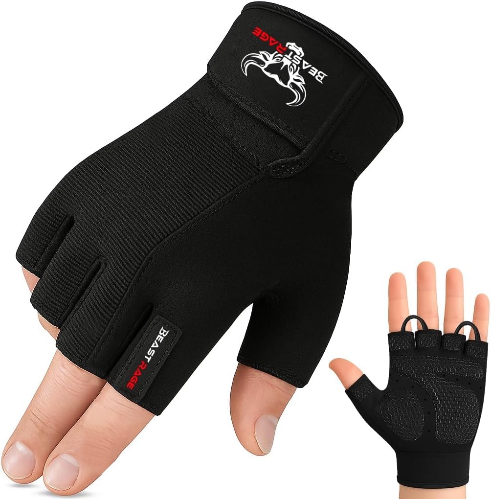 BEAST RAGE Workout Gloves for Men, Durable Palm Grip Gym Gloves Women Half Finger Elasticated Training Weight Lifting Strength Bodybuilding Anti Slip Cycling Gloves Exercise (Jet Black, M)