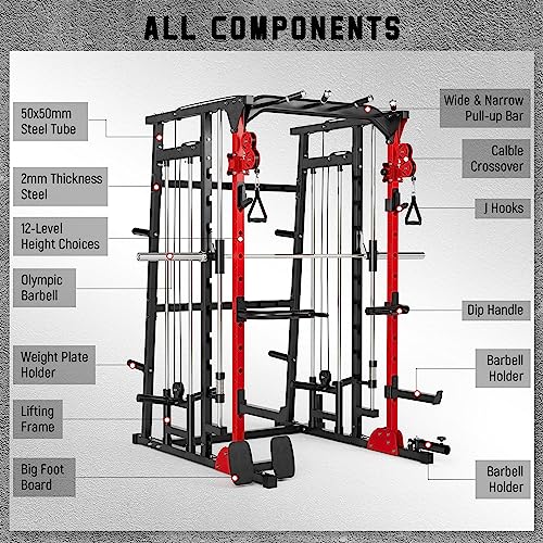 Major Lutie Smith Machine With Weight Bench, Sml07 1600Lbs Power Cage Bar And Two Lat Pull-Down Systems Cable Crossover Machine, Exercise Attachment(2023 Upgrade) Red #TOP2