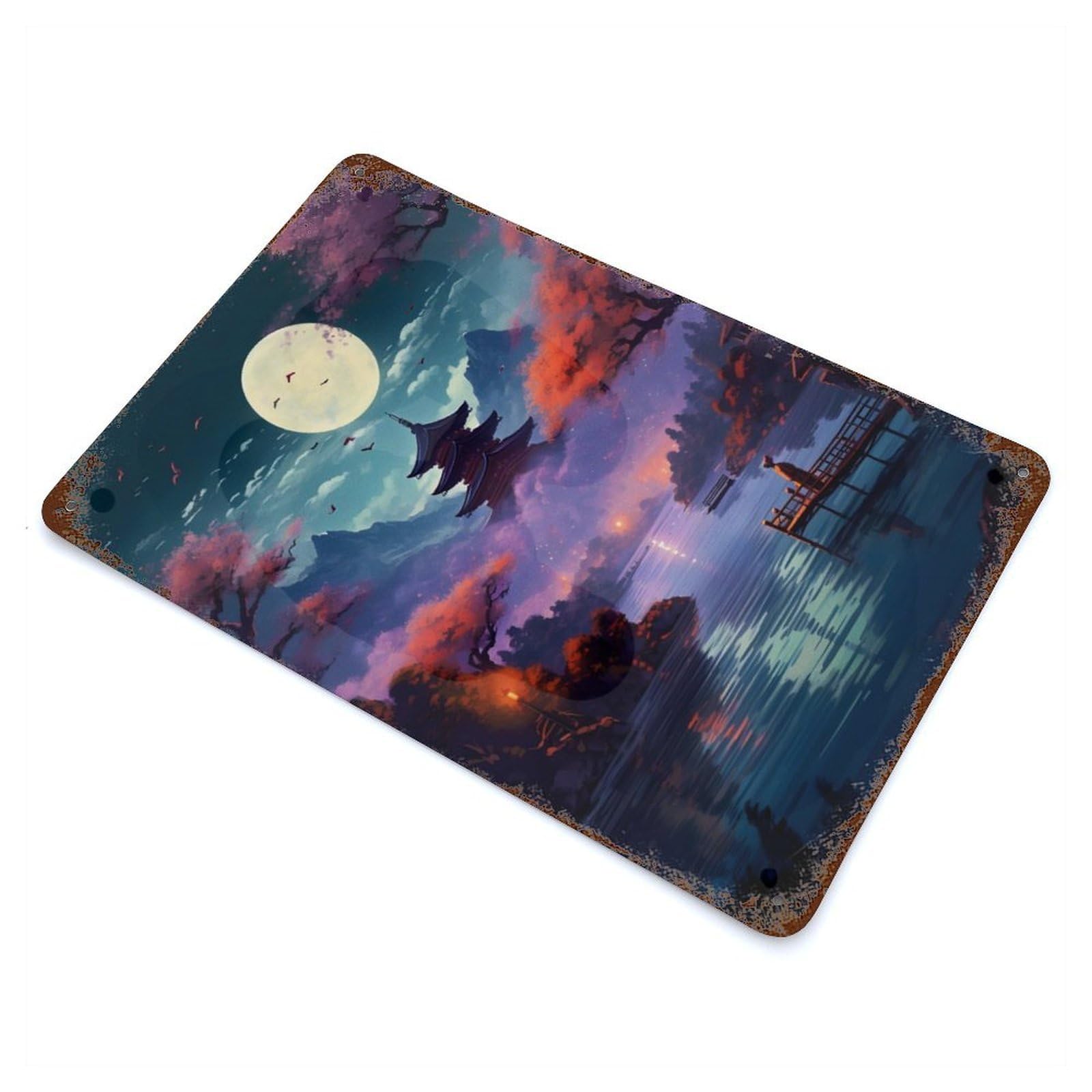 Beautiful Night The Lake Rustic Tin Plaque 11.8"x7.9", for Living Room, Hallway And Home Decor, Decorative Metal Wall Art