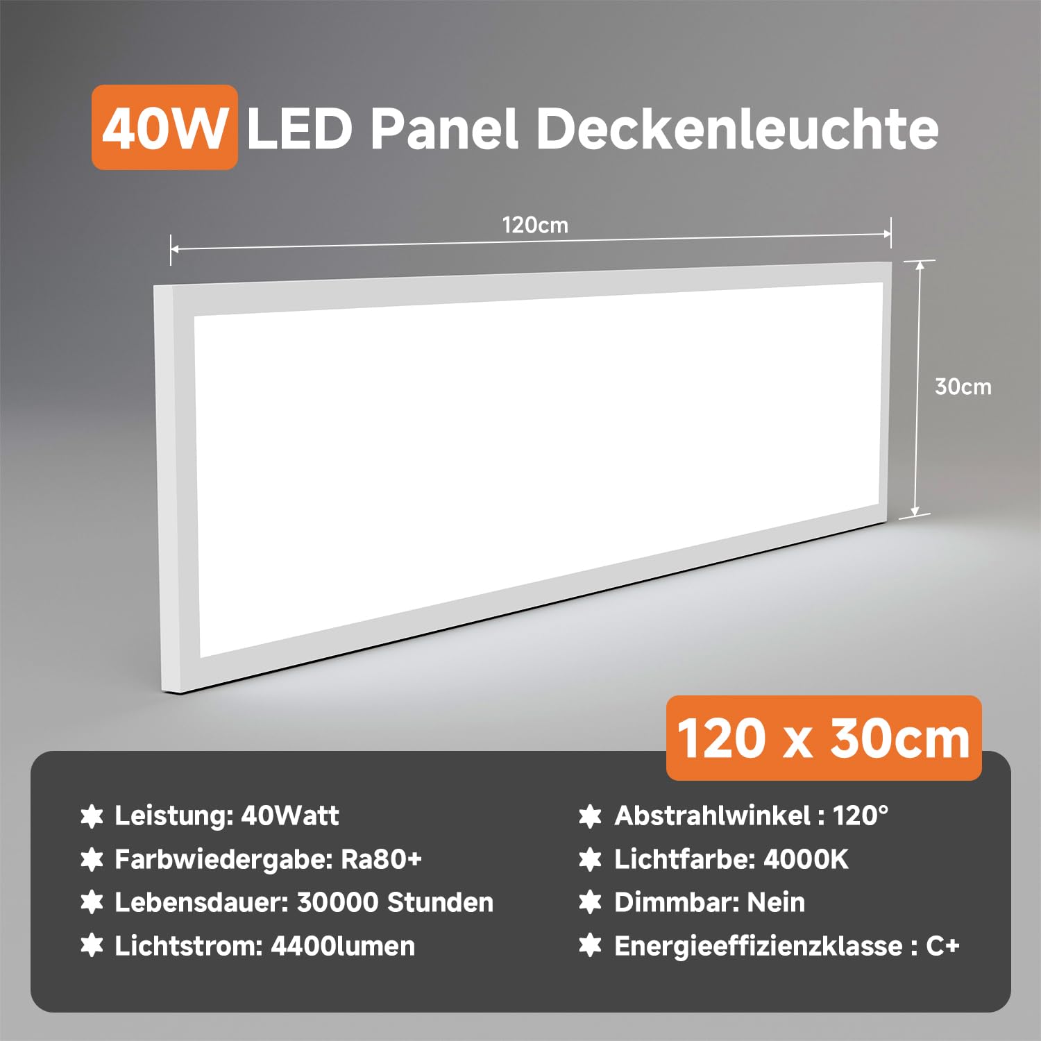 LED Panel Deckenleuchte 120x30 cm, 40W 4400 lm, 4000K Neutralweiß