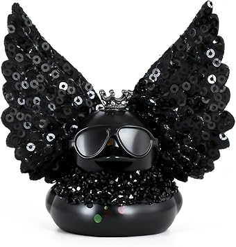 Funny Black Rubber Duck with Black Wings, Black Rhinestone Trim, Black Glasses & Crown - Squeaky Silica Gel Dashboard Duck for Car & Office Decor - Cool Rubber Duck Accessories Gift