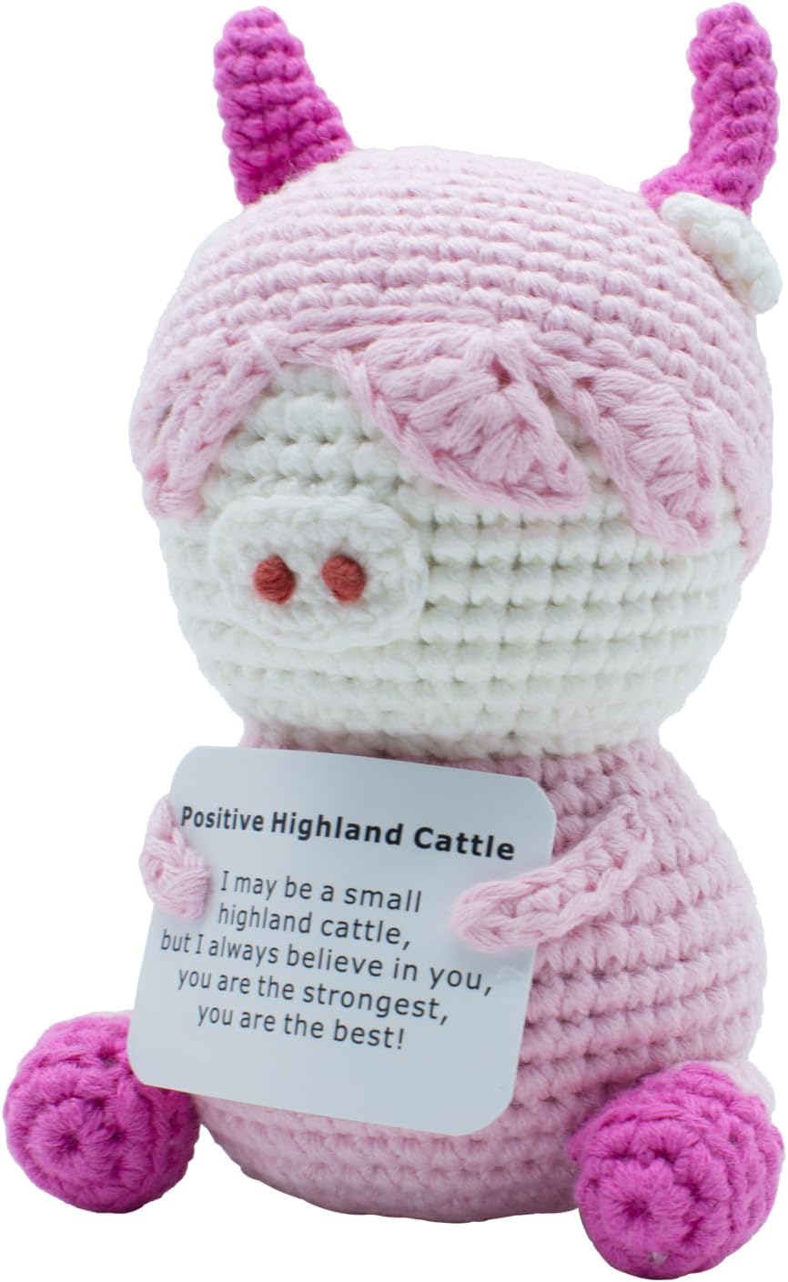Positive Crochet Highland Cow, 3.54 Inch Knitted Highland Cattle with Encouraging Card, Unique Animals Themed Gift for Home Office Room Desktop Decoration