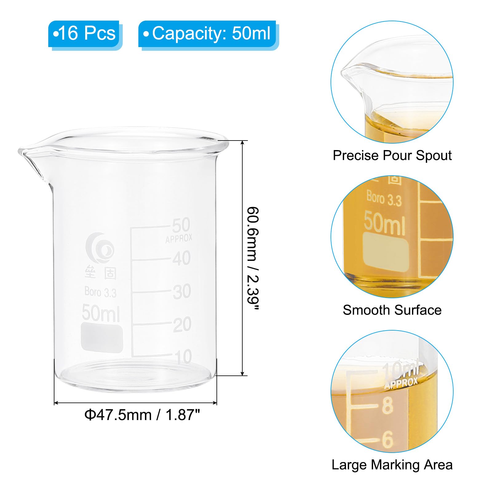 PATIKIL 50ml Low Form Measuring Cup, 16 Pcs 3.3 Borosilicate Glass Beaker Graduated Measuring Pitcher with Spout for Lab Experiment, Cooking and Baking, Clear