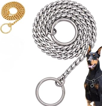 Snake-Shaped Dog Collar P-Chain Cuban Chain Dog Leash Stainless Steel Metal Leash Links Suitable for Small Medium and Large Dogs Sizes 17 Inches to 21 Inches Silver, 50CM/19.69IN