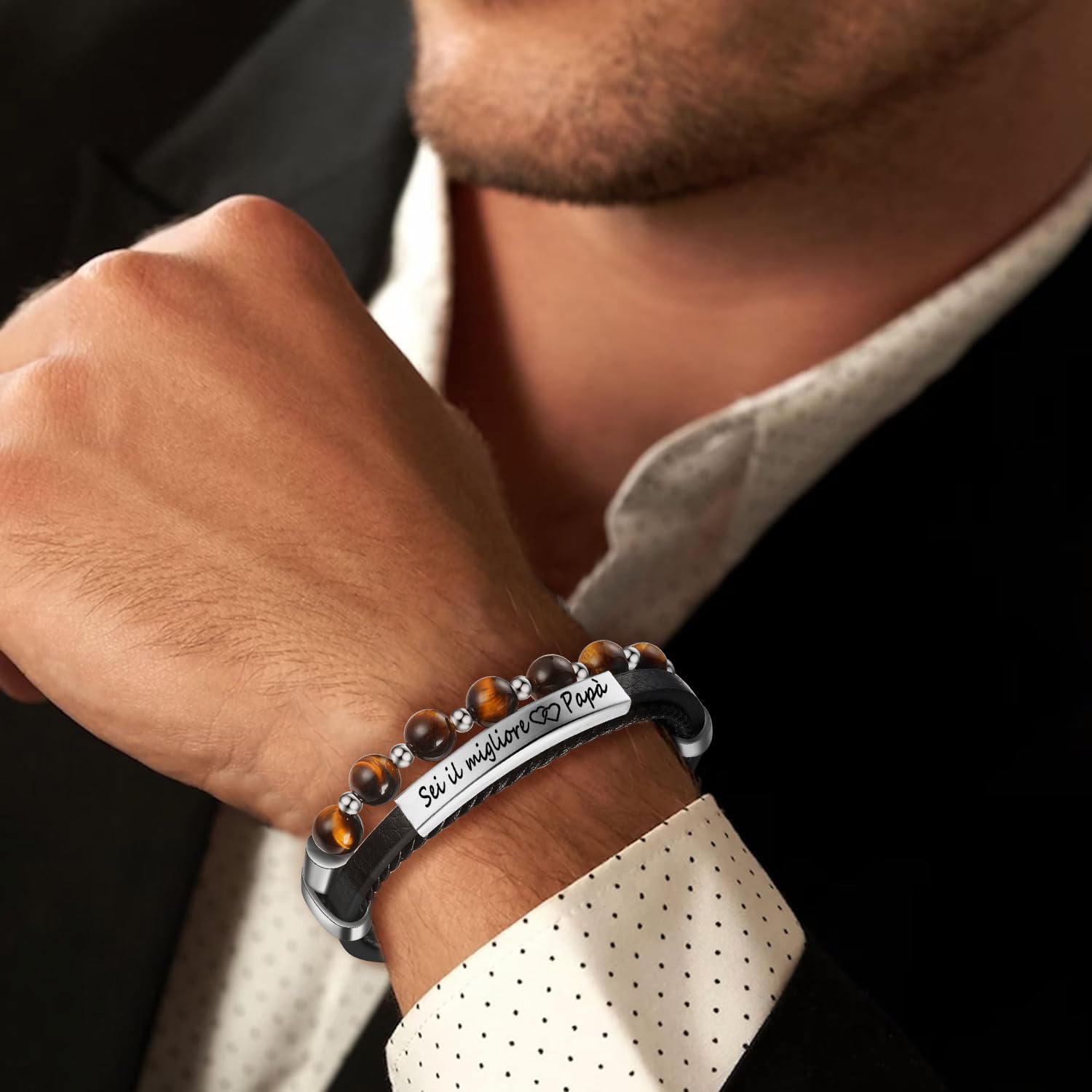 Jbniuay Regalo festa del papà Regalo Papà Bracciale Uomo DAD - Braccialetto uomo in Pelle con incisione “Il Miglior Papà” - Idee Regalo Papà Festa del Papà
