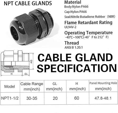 Miniatura 5 de Prensaestopas PENGLIN - Conector de cable de nailon NPT de 1-1/2 pulgadas, conector de cable de alivio de tensión, tuerca de bloqueo ajustable