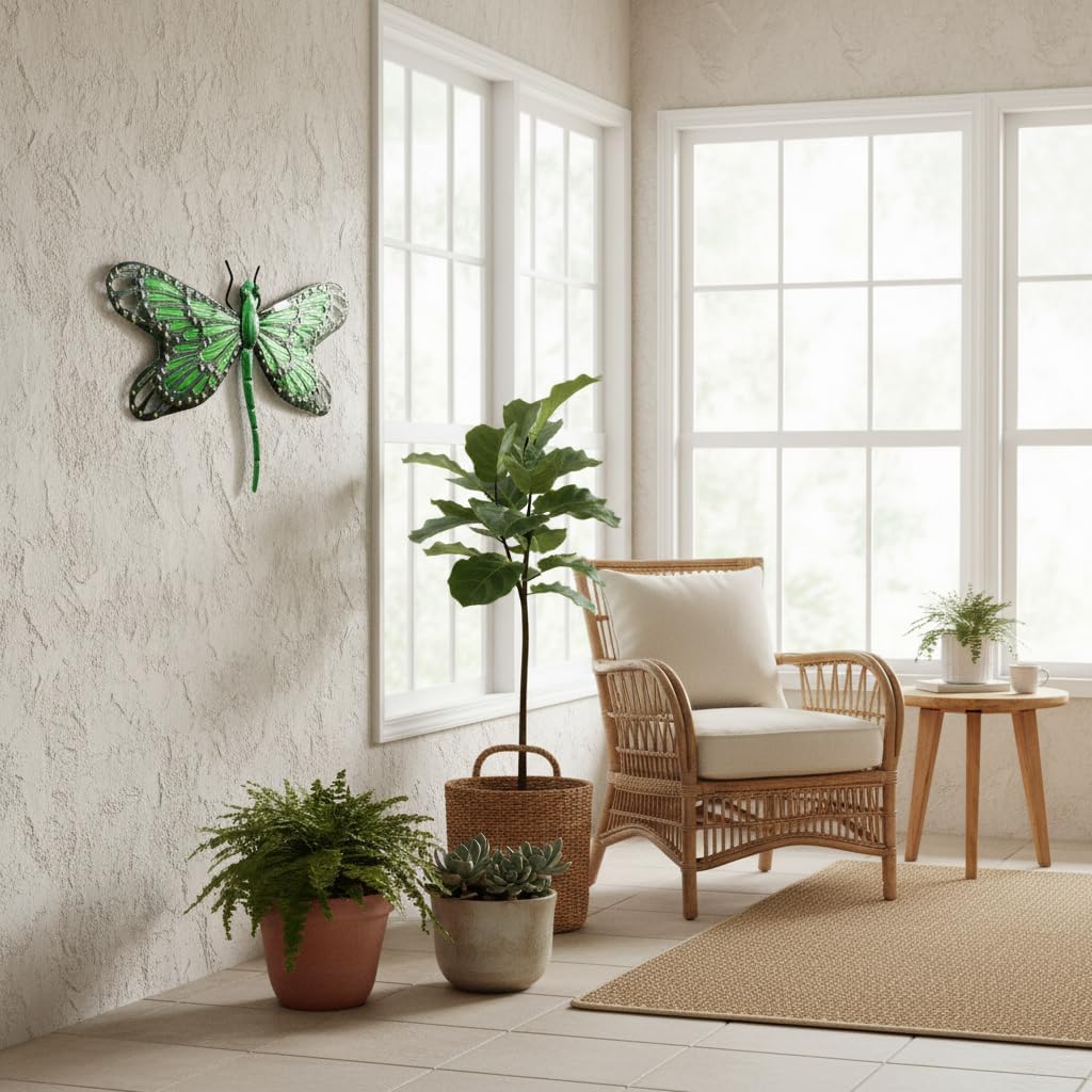 Comfy Hour 12" Decorative Metal Dragonfly Wall Decor, Green 3D Nature Inspired Sculpture for Garden & Patio, Artisan Crafted Iron Outdoor Hanging Accent, 1 Unit