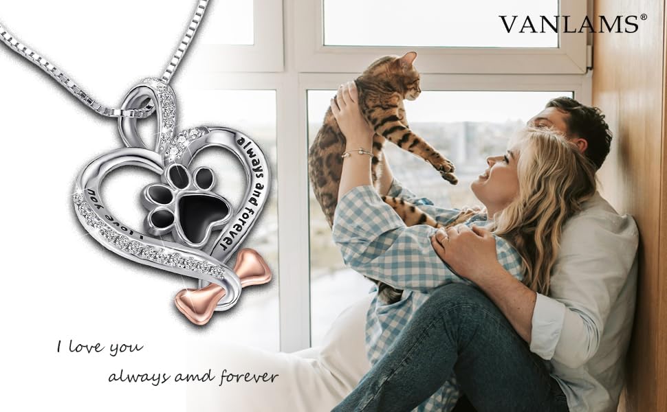 VANLAMS Womens 925 Sterling Silver Bone Love Heart Dog Paw Print Pendant Necklace I Love You Forever and Ever, Gifts for Dog Owner - Image 5