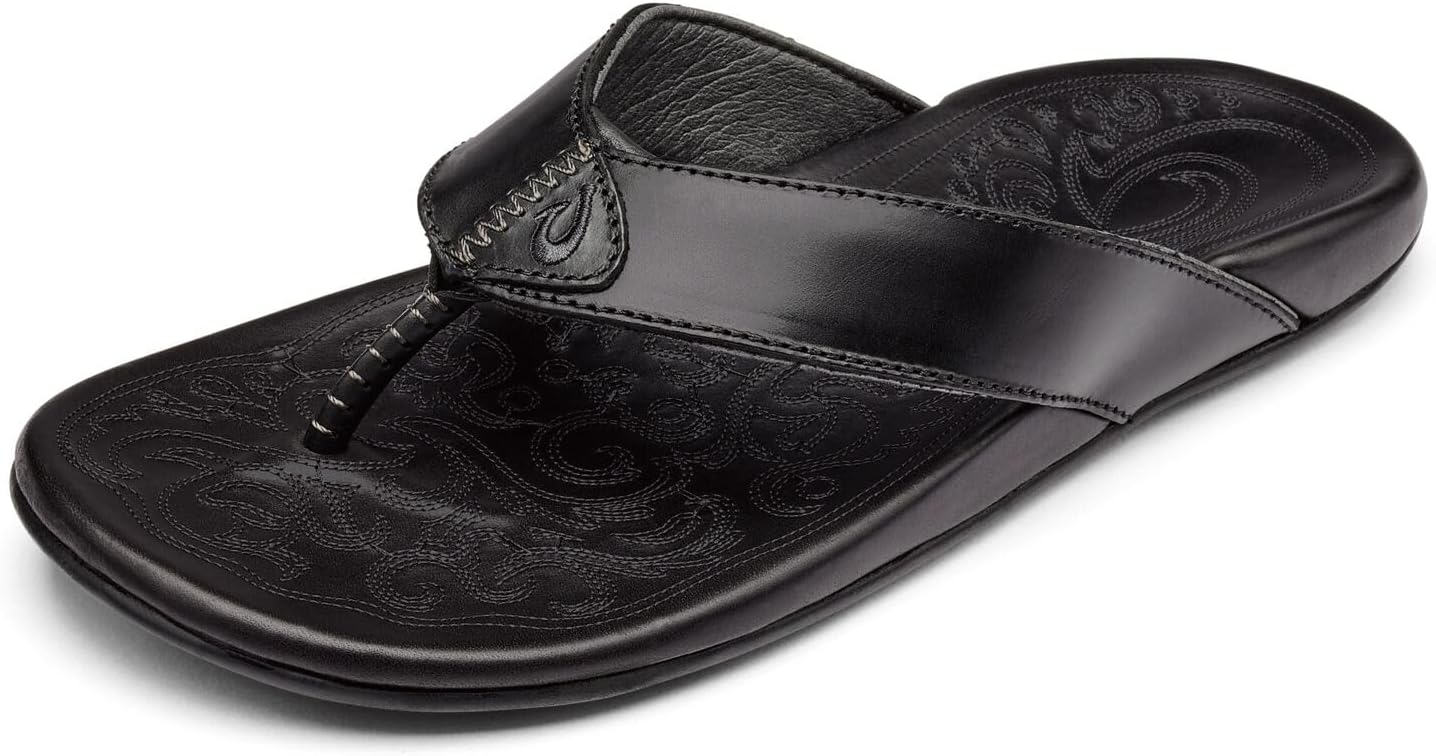 OLUKAI Mekila Men's Beach Sandals, Full-Grain Leather Flip-Flop Slides, Compression Molded Footbed & Comfort Fit, Enhanced Grip Soles