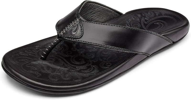OluKai Mekila Men's Beach Sandals, Full-Grain Leather Flip-Flop Slides | Compression Molded Footbed & Comfort Fit, Enhanced Grip Soles
