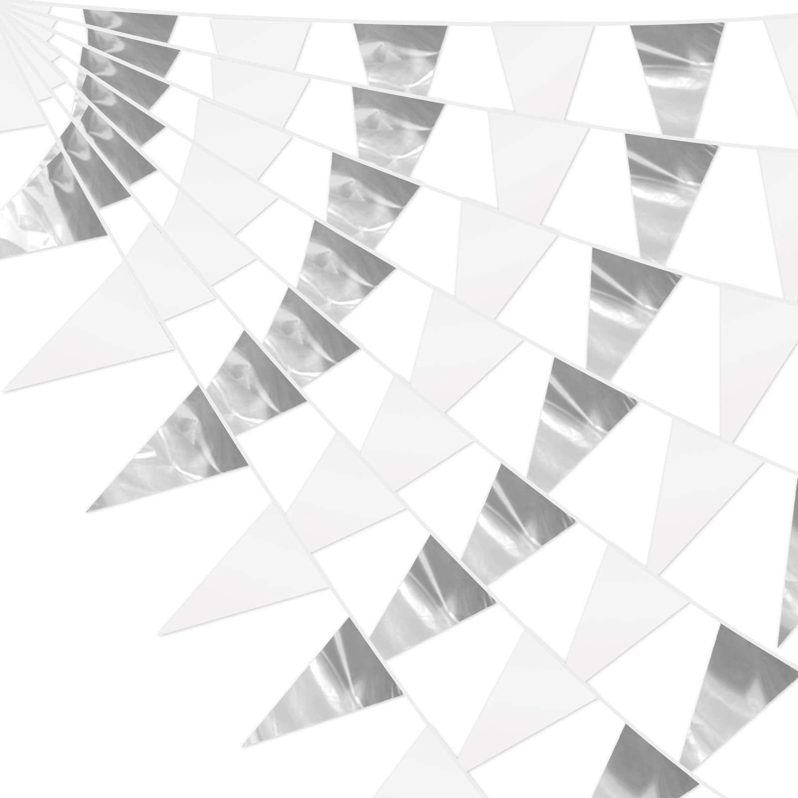 40M/130FT White Silver Glitter Triangle Pennant Banner Flag Metallic Bunting Fabric Garland for Christmas Graduation Wedding Bridal Shower Nautical Ahoy Achor Theme Party Decorations Decor