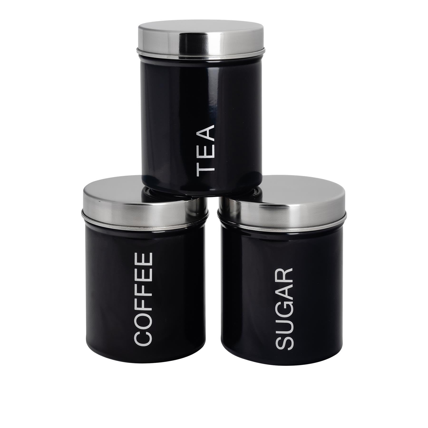 3x Tea Coffee Sugar Canisters Storage Set Kitchen Jars Containers Metal Black
