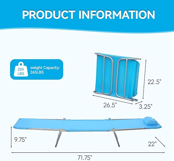 Outdoor Chaise Lounge w/Detachable Pillow, Reclining Folding Chair, Blue 3