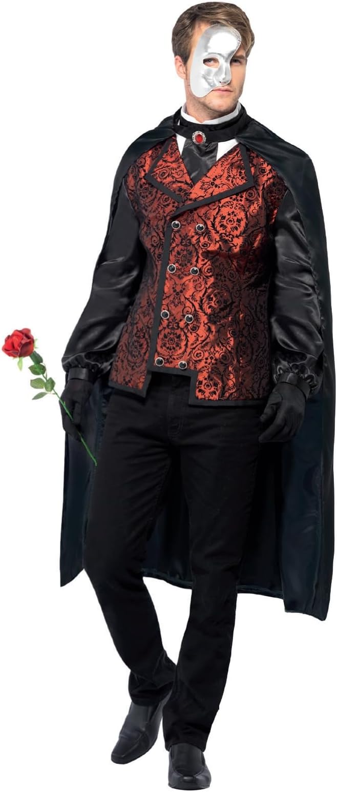 Smiffys Adult Men's Dark Opera Masquerade Costume, Cape, Mock Shirt, Mask, Gloves And Faux Rose, Carnival Of The Damned, Halloween, Size L, 24574