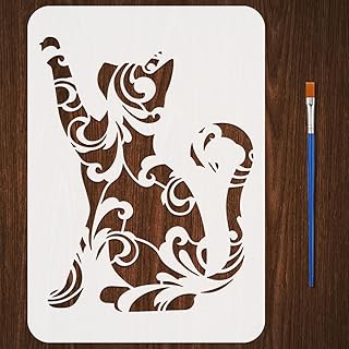 FINGERINSPIRE Floral Cat Pattern Painting Stencils with Brush 8.3x11.7inch Plastic PET Plant Brocade Cat Pattern Drawing Template Hollowed Animal Theme Stencil for Painting on Wood Fabric Canvas