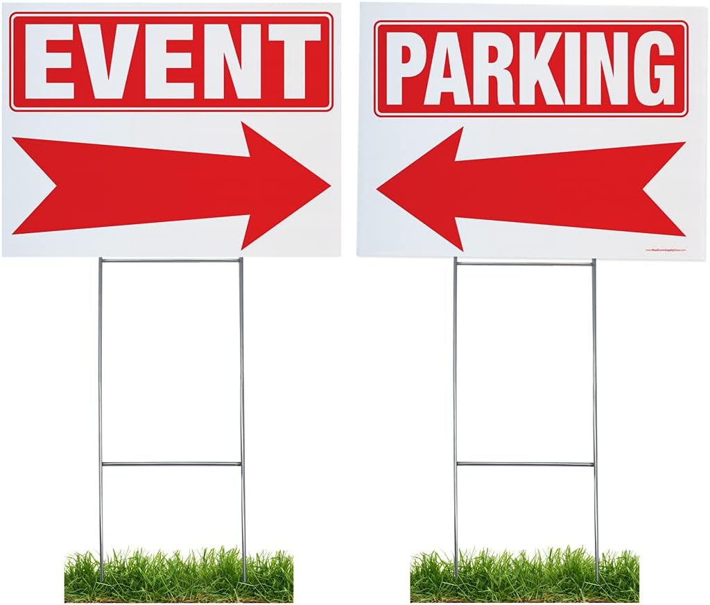 Traffic Yard Sign Kit: 2 Arrow Signs - 1 Parking, 1 Event & 2 Sturdy Sign Stakes - Durable Outdoor 2 Sided 18x24 Signs & Extra Tall 10x30 Stakes (Mixed Pack)