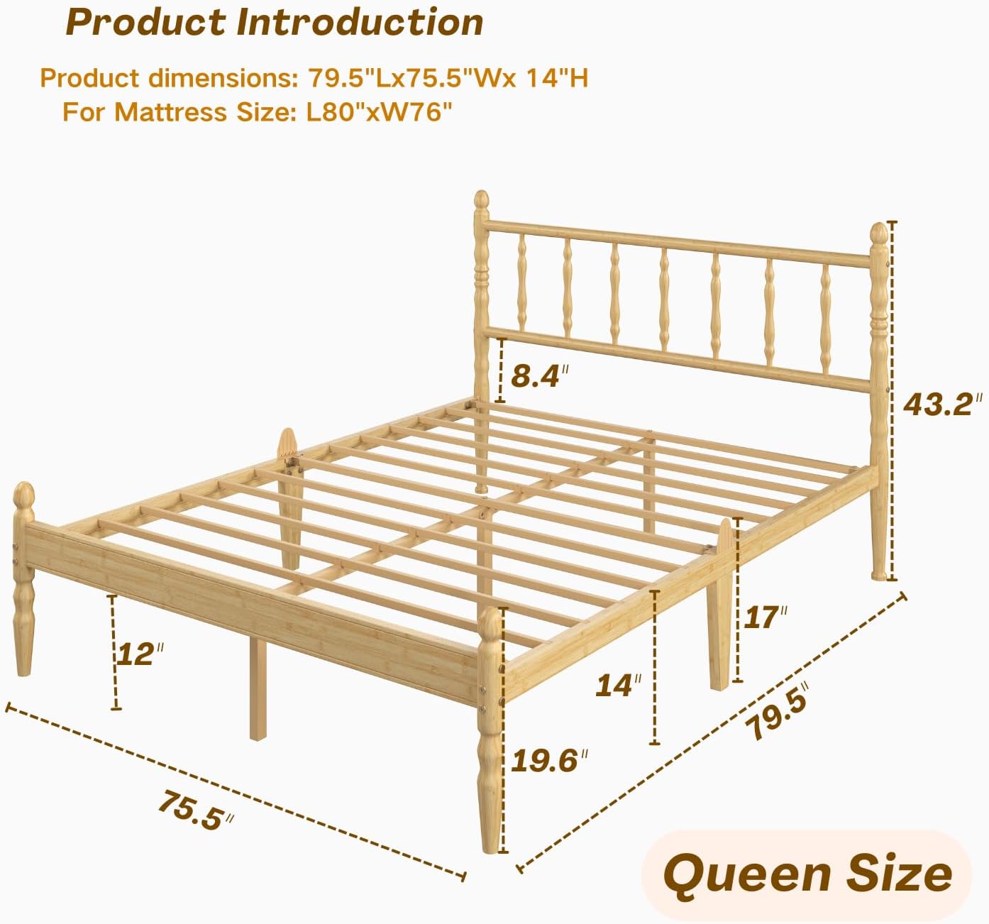 NeslimeSolid Wood Queen Bed Frame with Headboard & Mattress Stopper, Bamboo Platform Bedframe No Box Spring Needed, Modern Heavy Duty Frame, Noise Free & Easy Assembly