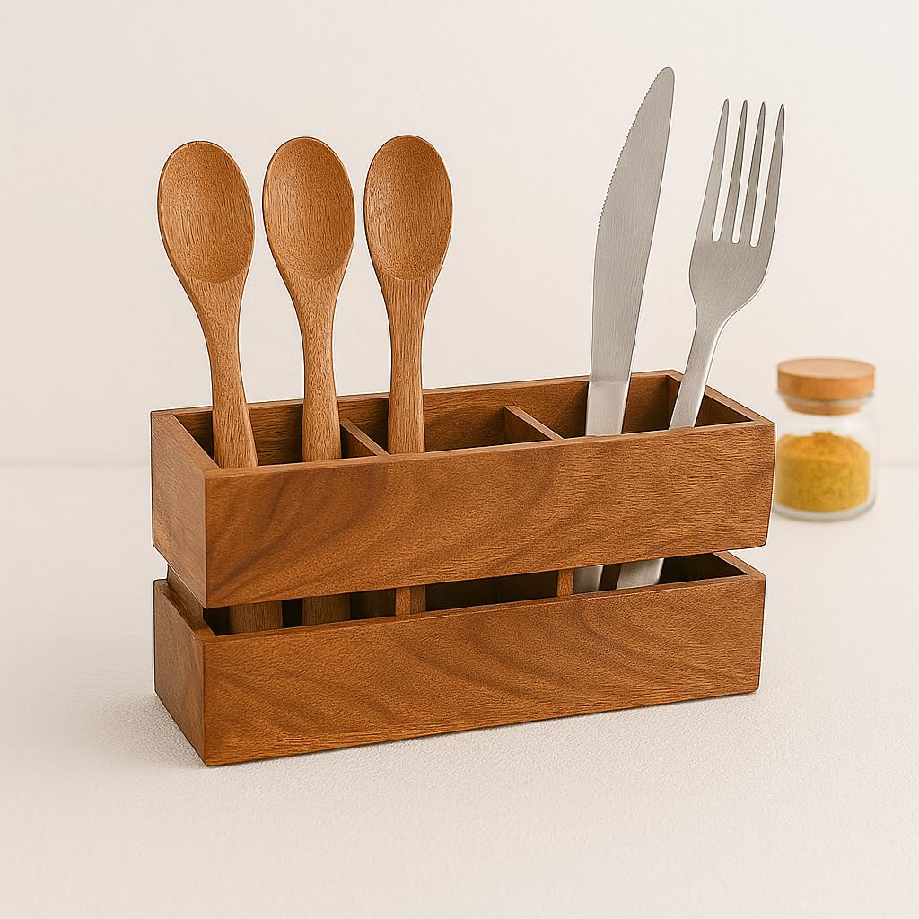 Wooden Multipurpose Stand – Cutlery Holder, Spoon Holder, Pen Holder – 3 Compartments, Brown (L-9 x W-3 x H-4.5 Inches)