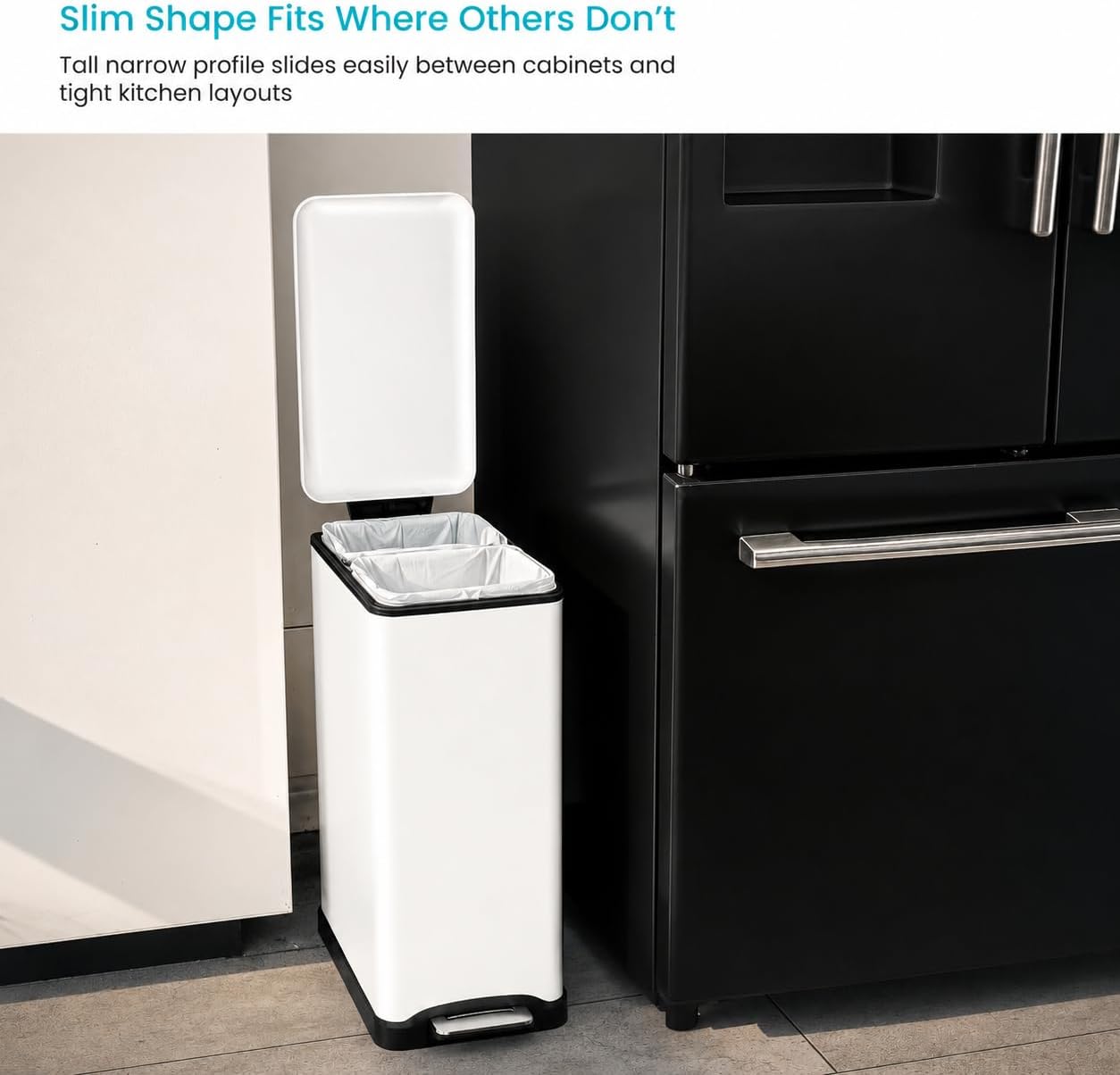 Home Zone Living 13 Gallon Slim Kitchen Trash Can with Dual Compartments for Recycling, Stainless Steel, White, 50 Liters Total