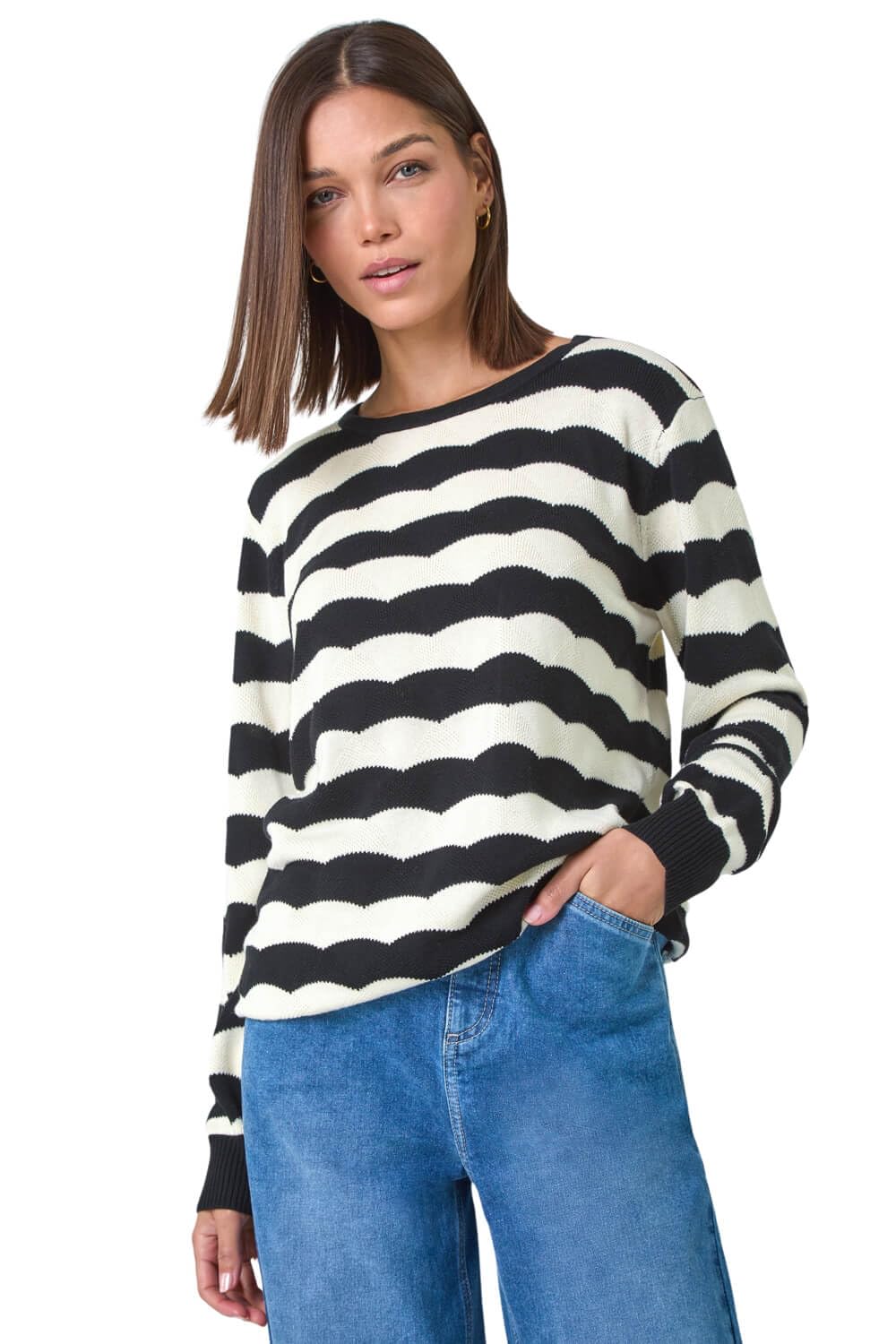 Roman Originals Women's Black Stripe Print Jumper - Spring Everyday Summer Holiday Crew Neckline Comfy Long Sleeve Soft Star Pull Over Hem Sweaters - Size 14