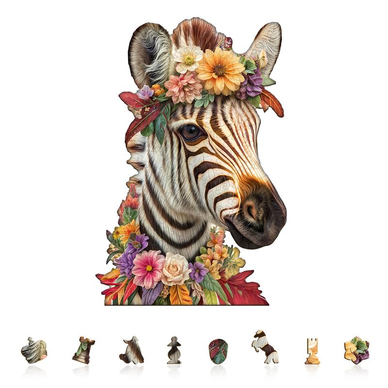 Jigfoxy Floral Zebra Wooden Puzzles for Adults, 190 Piece Unique Animal Shaped Jigsaw Puzzle, Relaxing Brain Teaser Game, Creative Gift in Premium Box (13.4x8.9in)