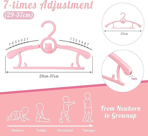 Miniatura 2 de HGYZE Perchas para bebé para armario, 20 unidades, color rosa, para niños, perchas ajustables a granel de 11 a 14 pulgadas para recién nacidos,
