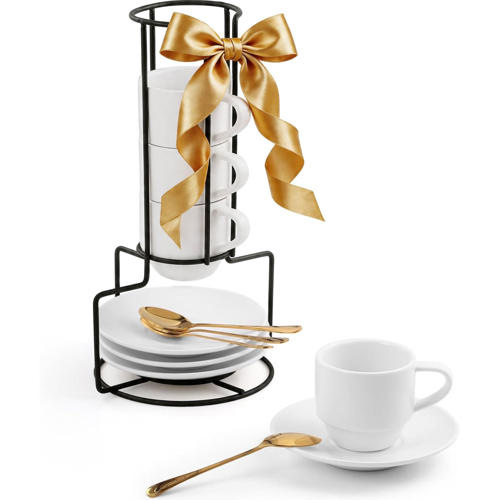 Lareina Juego de 4 tazas de café de 3 onzas con platillos, cucharas y soporte de metal, pequeñas tazas de café apilables de cerámica, regalo para inauguración de la casa o boda, color blanco