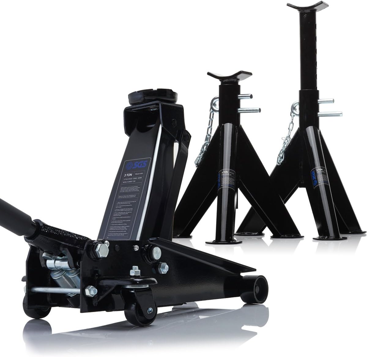 3 Tonne Heavy Duty Trolley Jack w/ 6 Tonne Axle Stands Set 465mm Lift Height