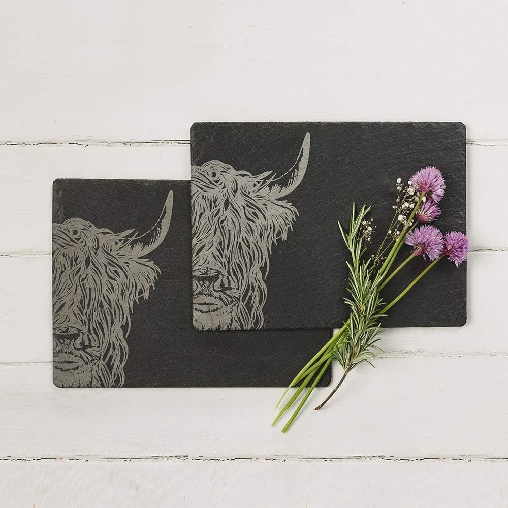 Just Slate Highland Cow Place Mats (X2), Black, 11cm x 11cm