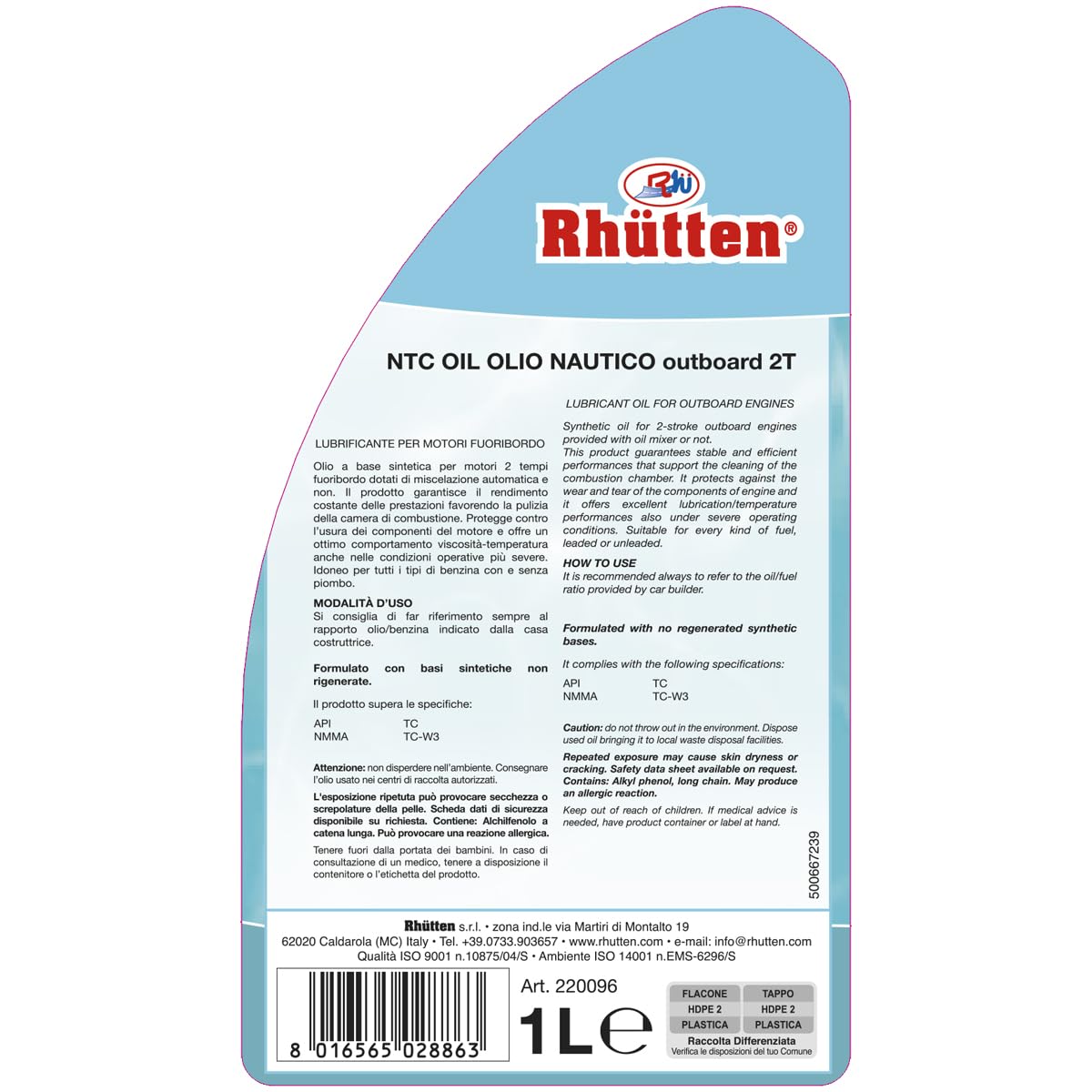 Olio Nautico Outboard Lubrificante Motori 2 Tempi Fuoribordo 1L