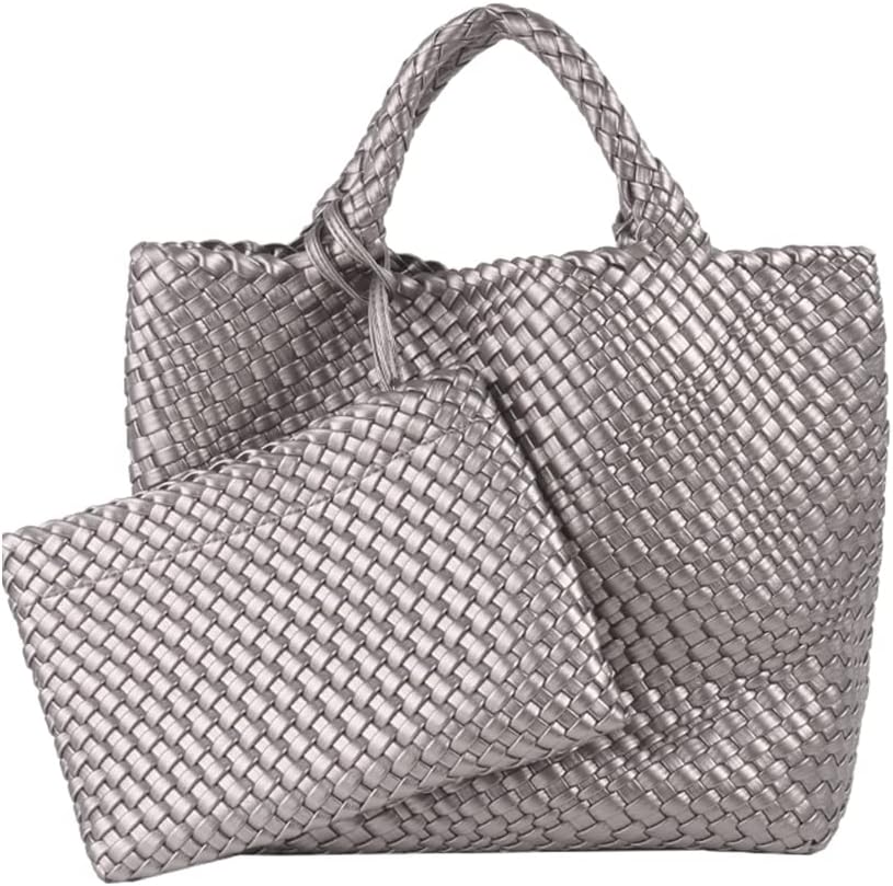 Woven Tote Bag, Women Macaron Soft Leather Weave Handbag Purse Wrist Bag Large Capacity Work Shopping Travel Daily Silver