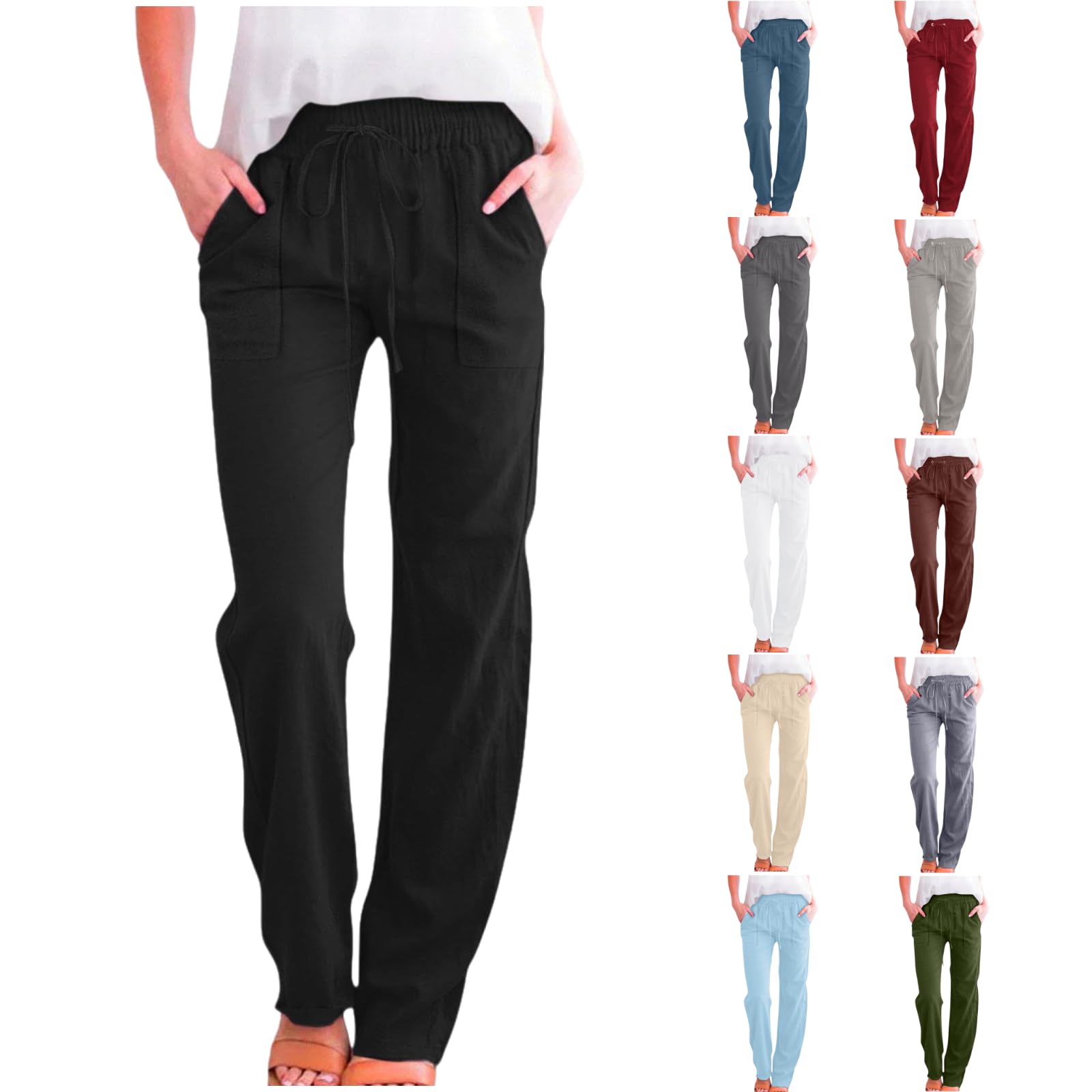 Linen Pants Women Cotton Drawstring High Waist Straight Leg Pants Loose Fit Casual Summer Trousers with Pockets