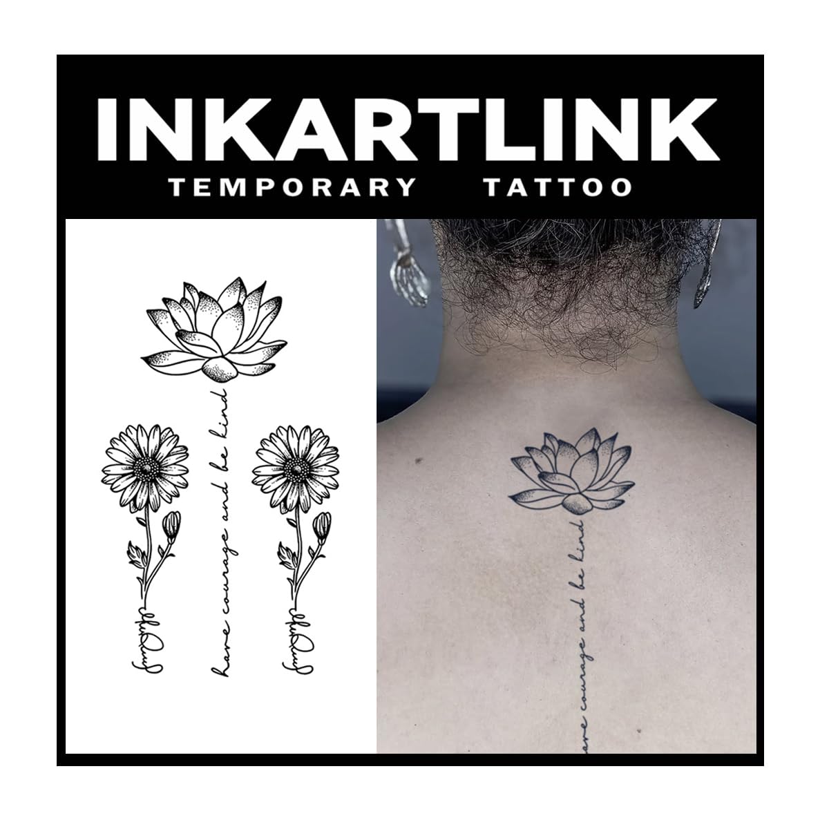 INKARTLINK 2 Sheets Extra Large Semi permanent Tattoos, Temporary Tattoos, Adult Art Designs, Waterproof, Realistic, No Adhesive, Non-Reflective, Lasts 1-2 Weeks, (Be Brave, Be Kind)