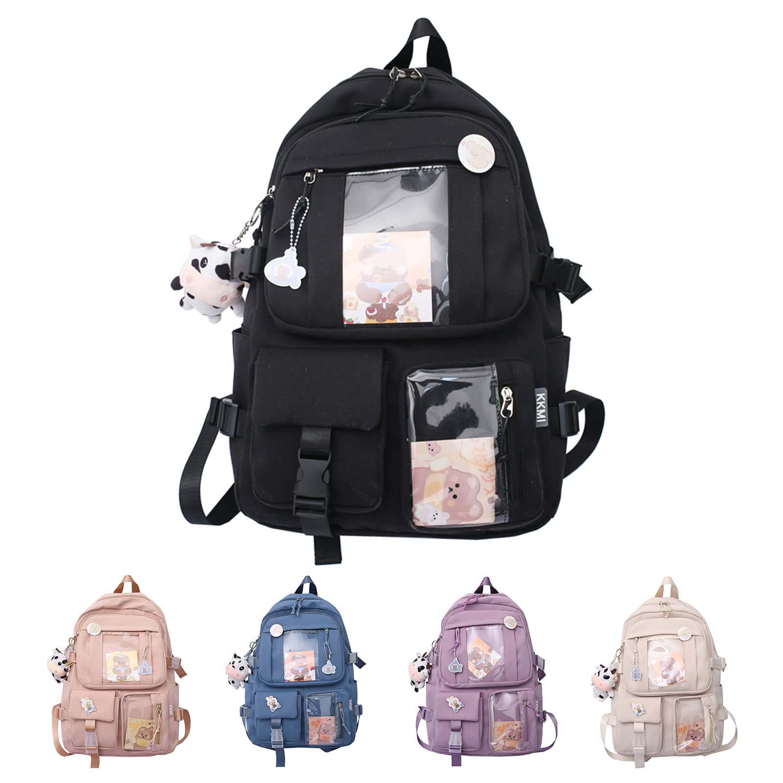 Bomkra Women's Black Kawaii School Backpack With Pendant, Cute Nylon Backpack Large Capacity Travel Rucksack For Teen Girls School Bag Student Bookbag With Badge Pin And Accessories (Black)