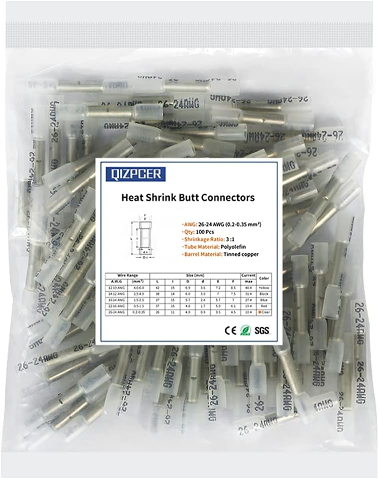 Heat Shrink Butt Connectors, 26-24 AWG 100 Pcs Clear Marine Grade Insulated Crimp Wire Connectors, Waterproof Electrical Connectors Butt Splice for Boat Truck Wiring