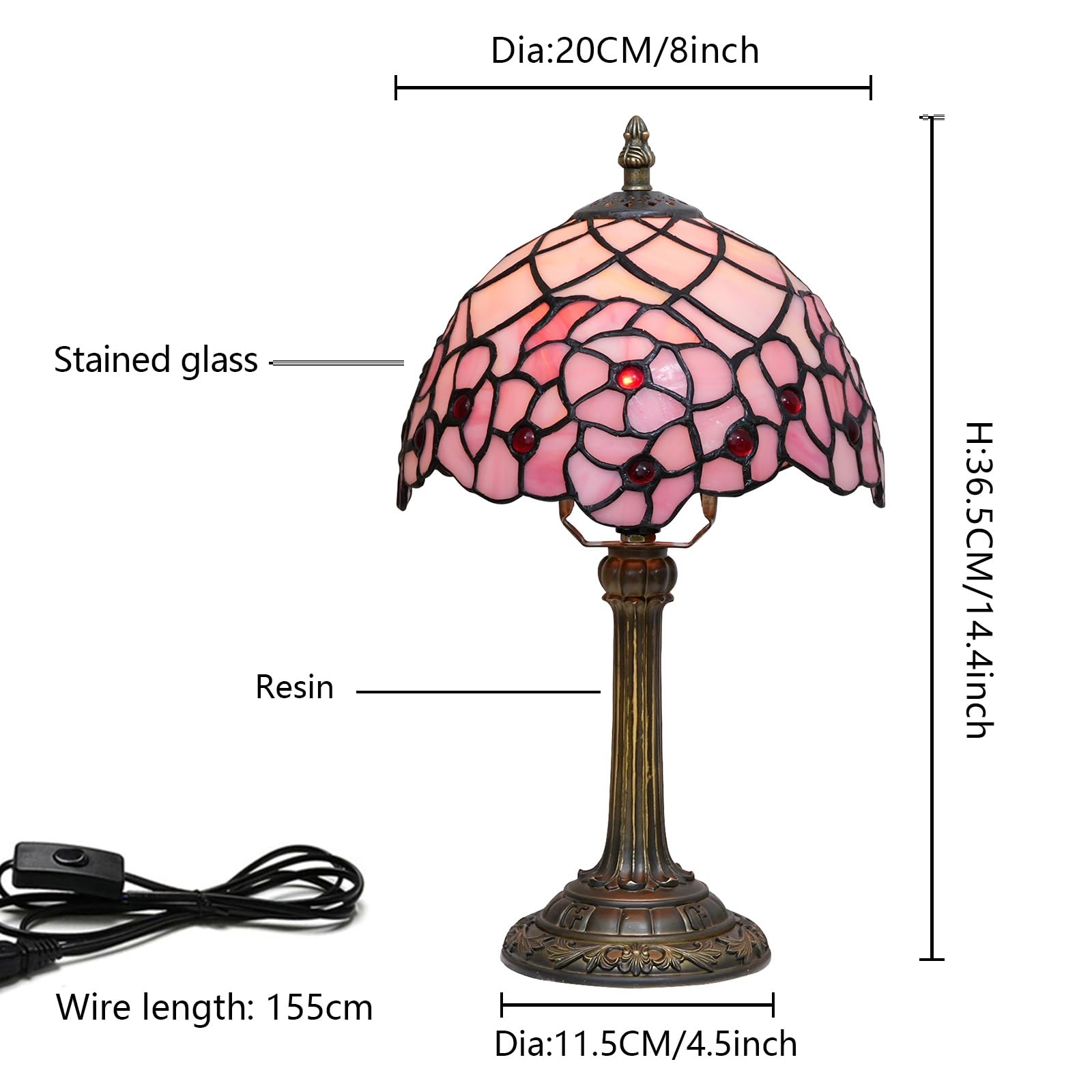 Tiffany lampa 8 cali mała różowa przyciemniana szklana lampa stołowa kwiat wiśni vintage ręcznie robiona lampka biurkowa do czytania do sypialni salonu biura w stylu art deco