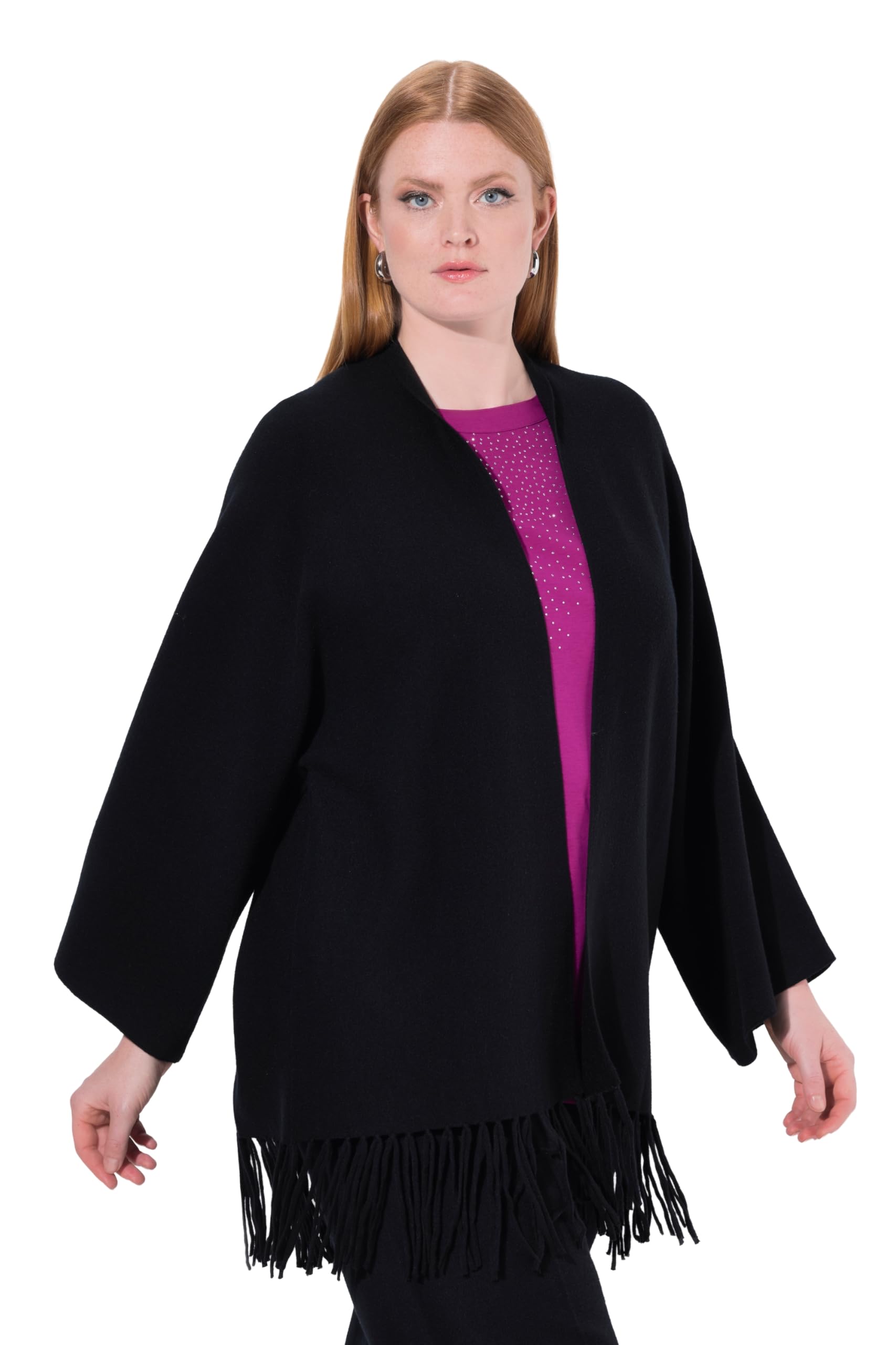 Ulla Popken Damen große Größen Übergrößen Plus Size Strickjacke, Fransensaum, ohne Verschluss, Langarm 843183